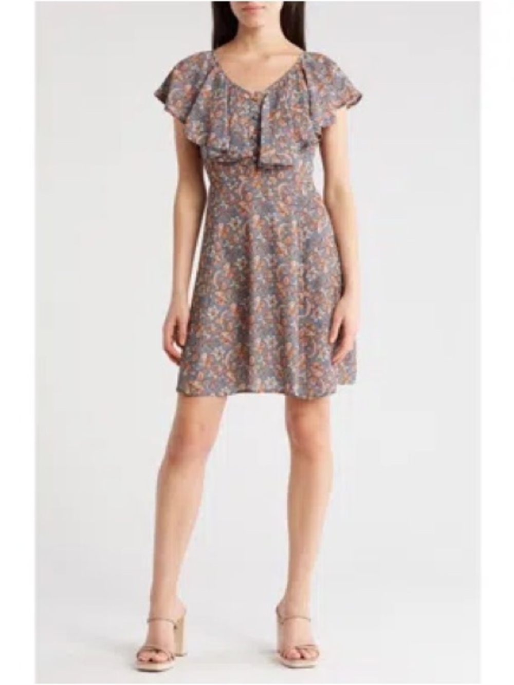 Flutter-Sleeve Floral Mini Dress in Gray Multi
